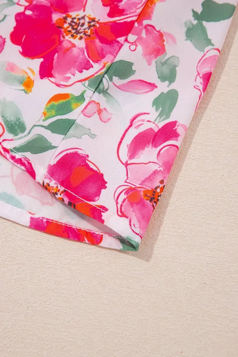 Pink Floral Boxy Fit Ruffled Short Sleeve V Neck Blouse - Love Salve